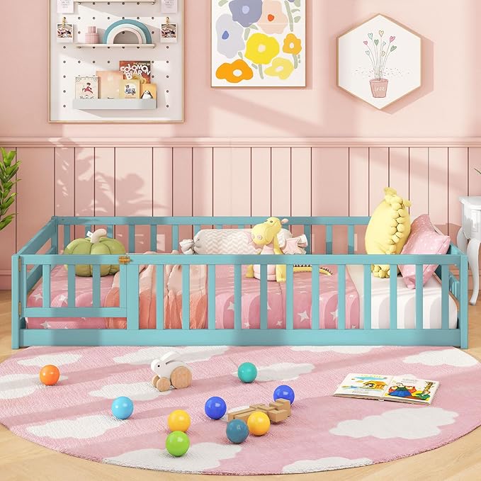 Giantex Twin Floor Bed with Door & Fence, Kids Wood Montessori Beds with Safety Guardrails, Floor Bed Twin for Kids, Boys, Girls, No Box Spring Needed, ICY Aqua