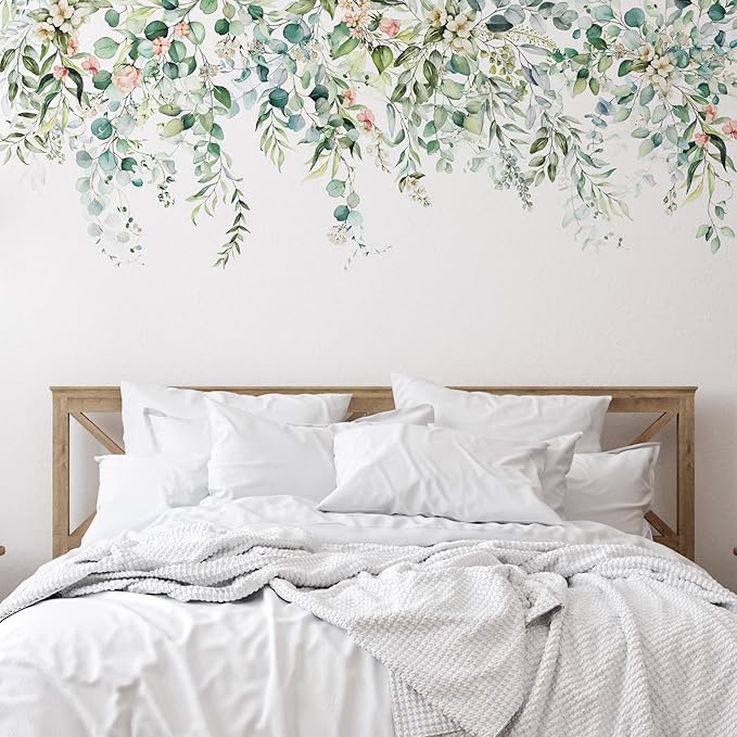 Zonon 6 Pcs Flowers Wall Decals Stickers Vinyl Removable Peel and Stick Colorful Dragonflies Floral Wall Murals Decor for Bedroom Living Room Nursery(Greenery)