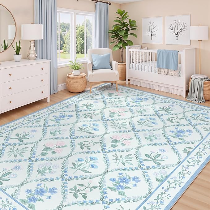 4x6 Rugs for Bedroom Girls, Boho Blue Floral Washable Area Rug Non Slip, Soft Indoor Cute Decor Elegant Carpet for Kids Room Nursery Dorm Living Room Dining Room, Blue Multi