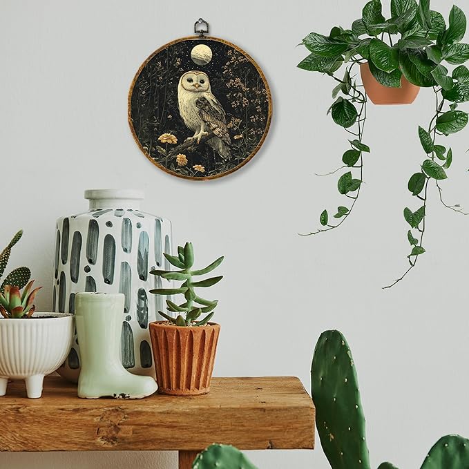 Hiuwevt Witchy Moonlight Owl Round Wall Art Decor, Vintage Dark Floral Framed Canvas Prints, Whimsical Gothic Owl Round Wall Hanging Decor for Office Home Decorations, 10x10 Inches