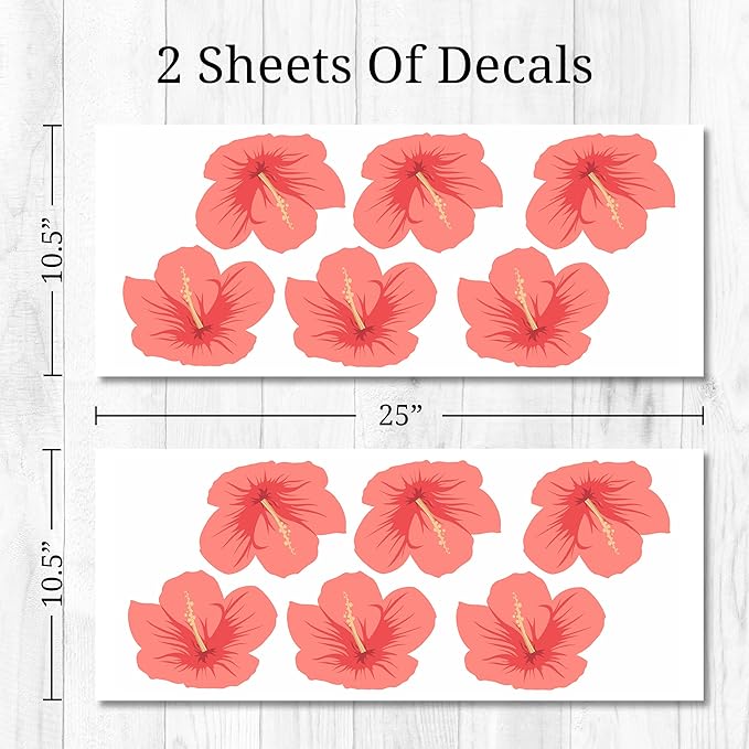 Decalcomania Hibiscus Flower Wall Decals - Set of 12 Pink Tropical Wall Stickers for Nursery Bedroom Bathroom Living Room Decor Removable Peel and Stick Indoor Wall Decor