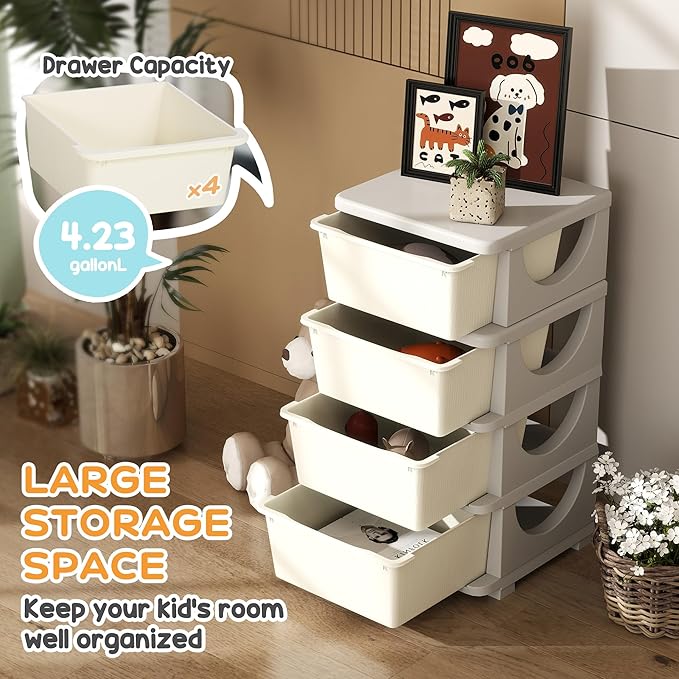 Qaba 4 Tier Kids Storage Unit, 4 Drawer Chest Toy Organizer Plastic Bins for Kids Bedroom Nursery Kindergarten Living Room for Boys Girls Toddlers, Cream White