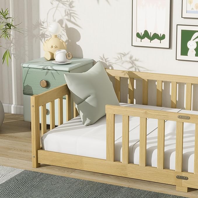 Ball & Cast Twin Size Floor Bed Frame,Montessori Floor Bed with Safety Fence,Wood Platform Toddler Bedframe for Girls Boys,Bedroom,Playroom,Easy Assembly & No Box Spring Needed,Natural