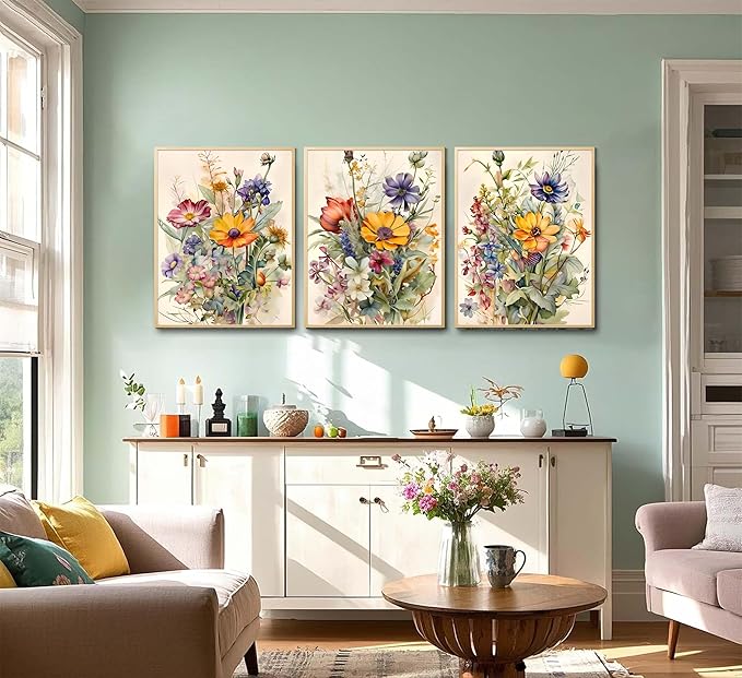 3Pcs Watercolor Wildflower Wall Art Colorful wildflowers Paintings Pictures Watercolor Floral Botanical Canvas Prints Wall Decor Bright floral posters for Living Room Bedroom Home Decoration Unframed