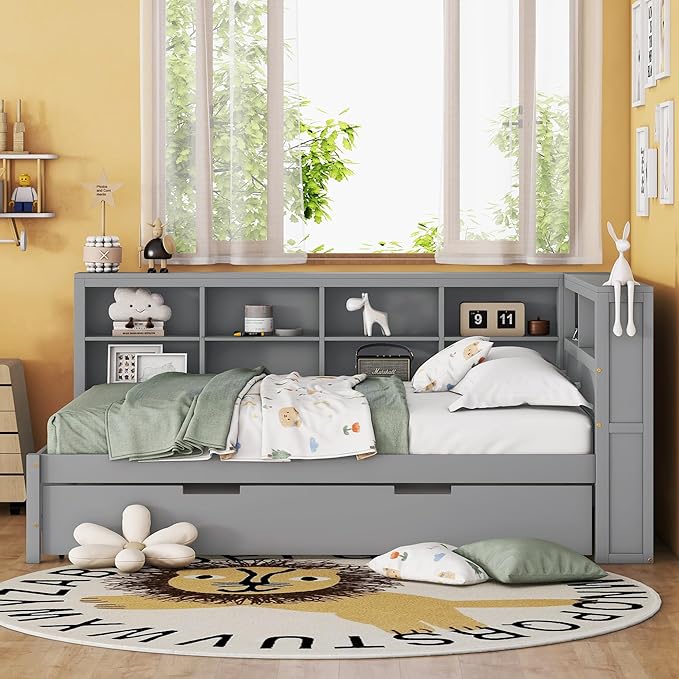 Harper & Bright Designs Full Size Daybed With Trundle and Charging Station, Wooden Storage Bed Frame With L-Shaped Bookcases, Platform Bed With Shelves for Kids Girls Boys, Gray