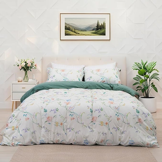 MAGRACE Muslin Duvet Cover Queen Size, Reversible Floral Rose Comforter Cover Set with Zipper Closure, Farmhouse Style 3 Pieces Botanical Patterns Soft Bedding Set with 8 Ties
