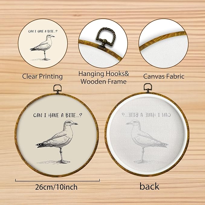 Hiuwevt Vintage Seagull Bird Round Wall Art Decor, Minimalist Black and White Beachy Hanging Canvas Prints Artwork Framed, Coastal Beach Gull Circular Wall Decor for Home Kitchen, 10x10 Inch