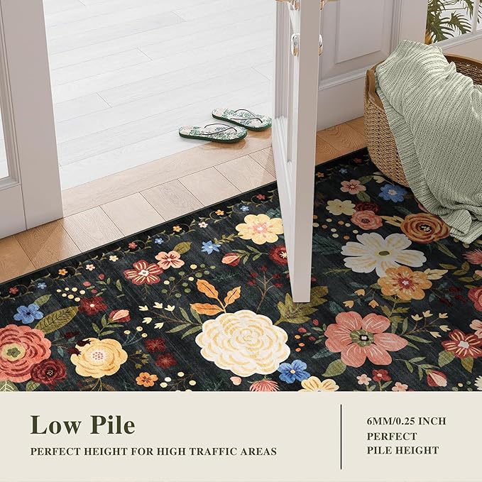 8x10 Washable Area Rug for Living Room, Floral Non-Slip Non-Shedding & Easy Care, Large Soft Low Pile Indoor Floor Carpet for Living Room, Bedroom, Farmhouse, Dining Room, Kids Playroom, Black