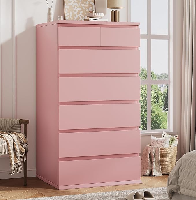 Pink Tall 7 Drawer Dresser for Bedroom, Modern Wood Closet Dressers & Chests of Drawers with Jewelry Storage, 23.6" L*15.8" W*47.5" H in Large Vertical Dresser for Bedroom, Living Room, Nursery