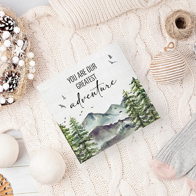 Woodland Nursery Wooden Box Sign, Inspirational Desk Decor, Forest Mountain You Are Our Greatest Adventure Wood Block Box Sign Plaque for Kids Baby Boys Room Nursery Wall Shelf Decor