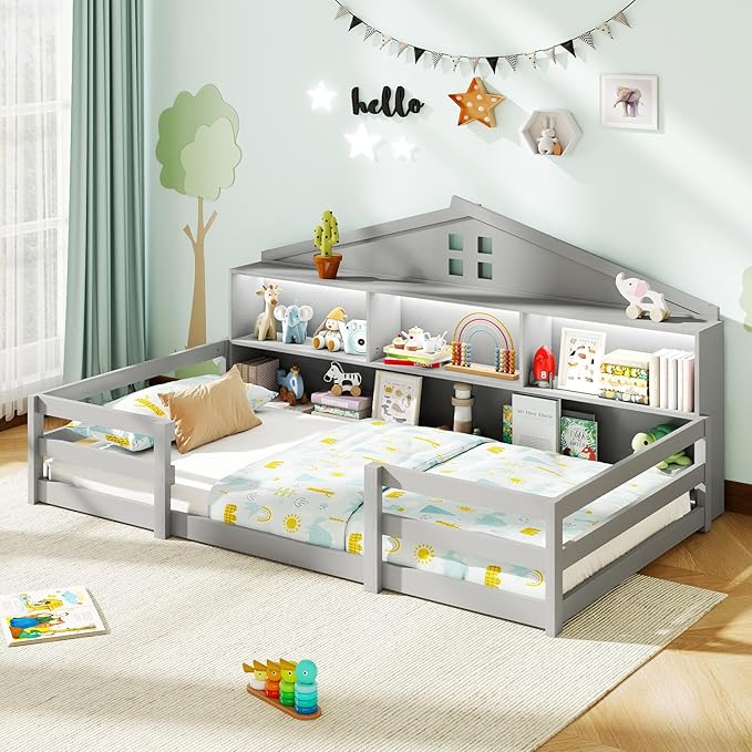 Giantex Twin Size Montessori Floor Bed with LED Lights, 2-in-1 Wooden House Bed Frame with Safety Guardrails, Storage Compartments & Shelf, No Box Spring Needed, Without Slats, Gray