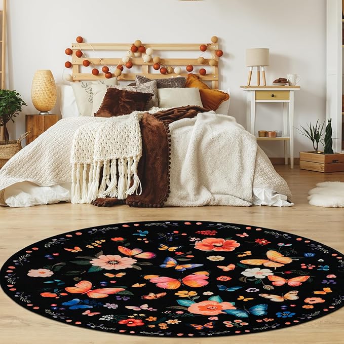 6' Machine Washable Round Area Rug, Non-Slip Vintage Floral Circle Floor Rugs for Kids, Low Pile Room Carpet for Living Room, Bedroom, Dining Room & Nursery(6' Black Floral)
