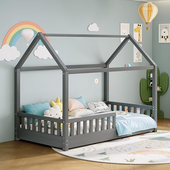 Jocisland Twin Size House Bed for Kids, Montessori Wooden Floor Bed Frame with Guardrails, Removable Rails, Playhouse Roof, Easy Assembly, Toddler Floor Bed for Boys & Girls, Grey