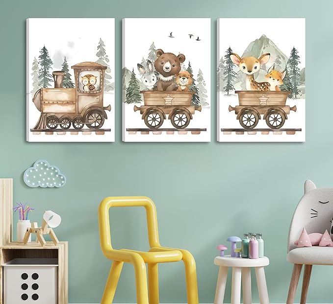 3Pcs Framed Woodland Animal Nursery Canvas Wall art Forest Wildlife Train Adventure Drawing Picture Wall Decor Fox Bear Deer Rabbit Owl Poster Printings for Boys Girls Room Home Decoration