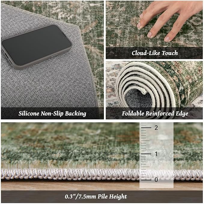 Washable 10x14 Area Rugs for Living Room, Boho Non-Slip Vintage Distress Large Rugs for Bedroom Dining Room Office, 0.3" Neutral Oriental Throw Thin Carpet, Grass Green/Multi