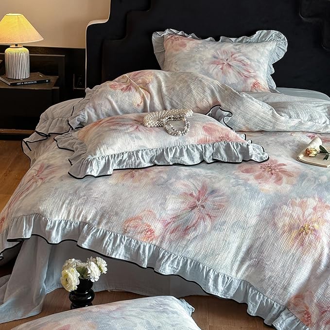 HighBuy Girl Floral Linen Duvet Cover Queen,Boho Floral Blue Coquette Bedding with Ruffle Lace,Yarn-Dyed Textured Duvet Cover Set French Farmhouse Bedding Cooling Breathable for Hot Sleepers