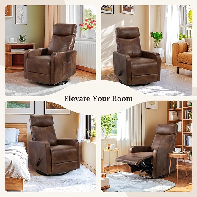 Swivel Rocking Recliner Chair for Small Space, Manual Swivel Glider Recliner for Nursery,RV,Rocking Recliner with Footrest and Side Pocket (Light Brown)
