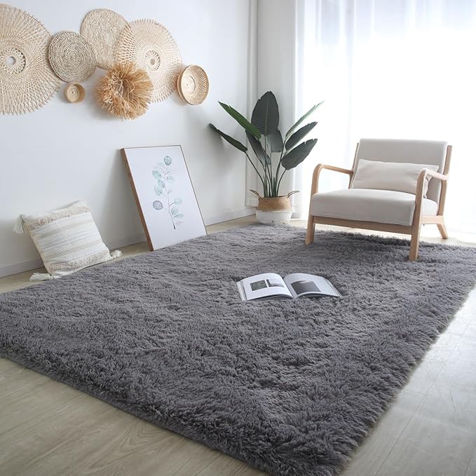 CAIYUECS Grey Area Rug for Living Room: Indoor Ultra Soft Shag Plush Rugs for Bedroom - Non-Skid Modern Nursery Faux Fur Rugs for Kids Room Home Decor (6x9 Feet, Grey)