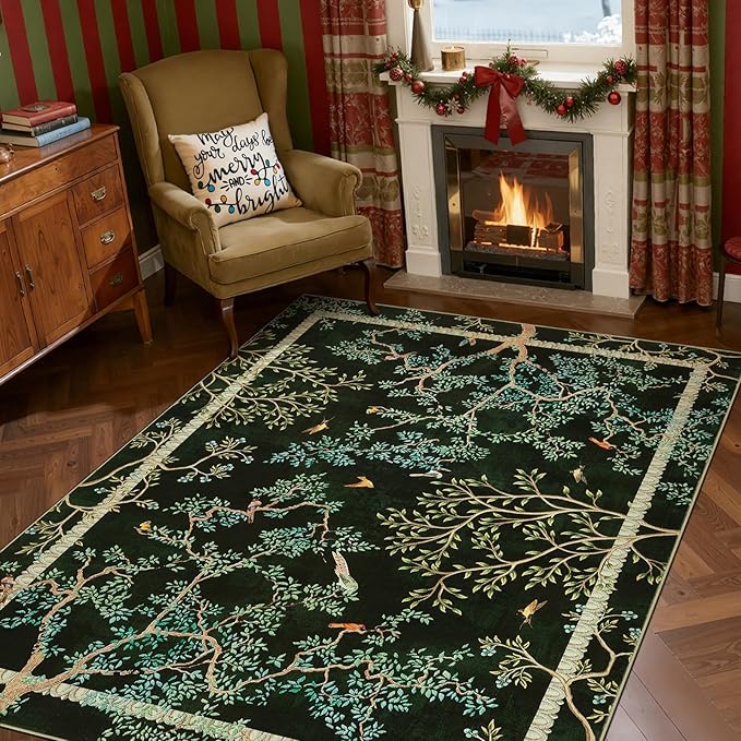 jinchan Yarden Botanical Birds 5x7 Moss Green Christmas Area Rugs for Living Room - Washable Non-Slip Soft Nature Plants Modern Kids Carpet,Vintage Low Pile Indoor Rug for Bedroom Dining Room Nursery