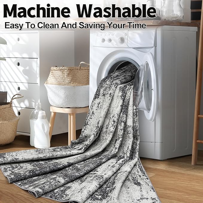 10x14 Area Rugs Living Room Rugs: Large Washable Rug with Anti-Slip Backing Non-Shedding Stain-Resistant Soft Abstract Carpet for Bedroom Dining Room Nursery Home Office-Black/Gray