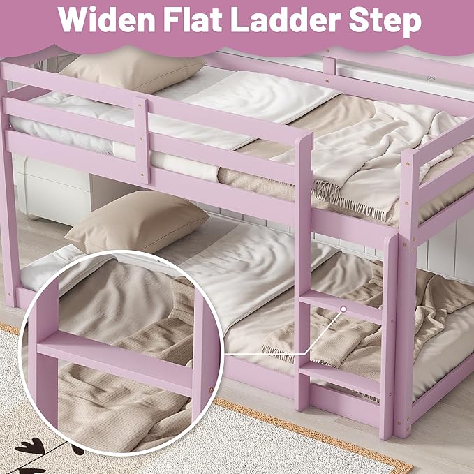 Bunk Bed Twin Over Twin, Wood Low Profile Floor Twin Bunk Beds with Ladder Guardrails for Kids Boys and Girls, No Box Spring Needed