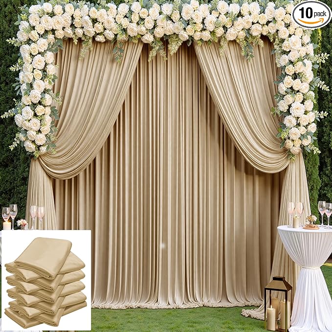 50×14 ft Beige Backdrop Curtain for Wedding Parties, 10 Panels 14ft Long Wrinkle Free Silky Polyester Backdrop Drapes Tan Photo Back Drop Cloth for Birthday Baby Shower Photography Backgrounds