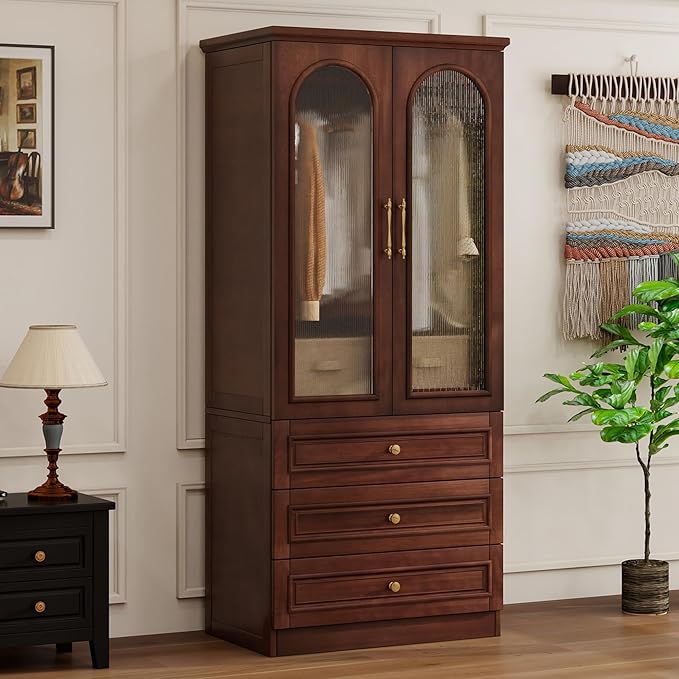 Solid Wood Wardrobe Closet:TemkTuek 70.87" Armoire,Clothing Storage Cabinet with Drawers,Doors,Hanging Railsand Shelves,Vintage Freestanding,Bedroom,Cherry Finish(21)