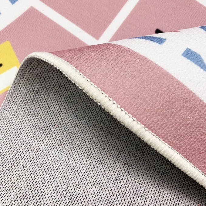 Hopscotch Kids Rug Carpet 7x10Ft Pink Car Road Play Mat for Girls Boys Classroom Bedroom Playroom Living Room, Educational & Learning, Large, Washable Children Preschool Rug, 6.6x9.8Ft
