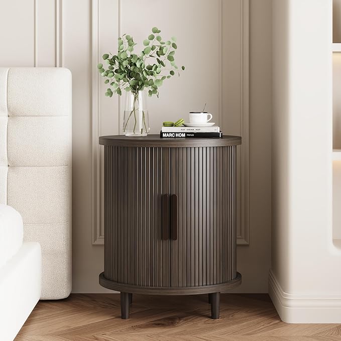20 Inch Round Side Table,Wood Fluted End Table with Storage, Mid Century Modern Night Stand for Bedroom, Living Room and Apartment