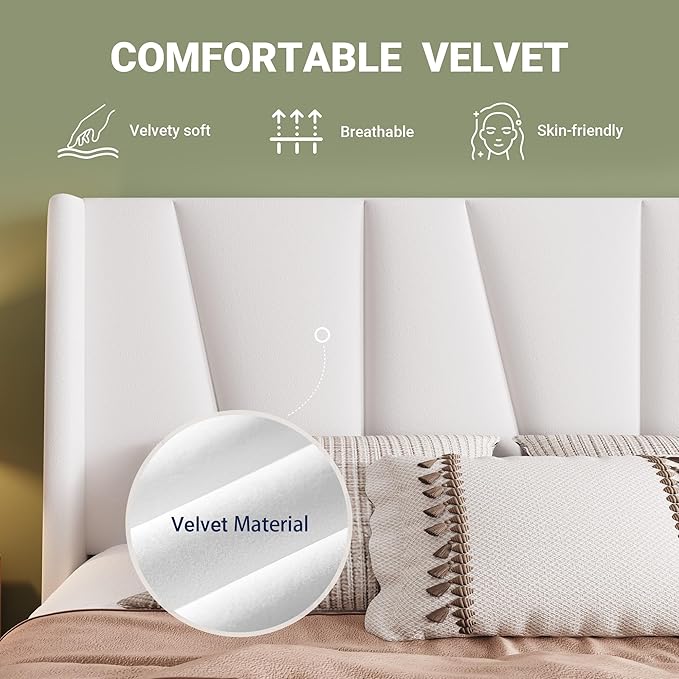 Allewie Full Size Platform Velvet Bed Frame with Geometric Wingback Headboard, Boho Upholstered Bed with Wooden Slats Support, No Box Spring Needed, Easy Assembly, White