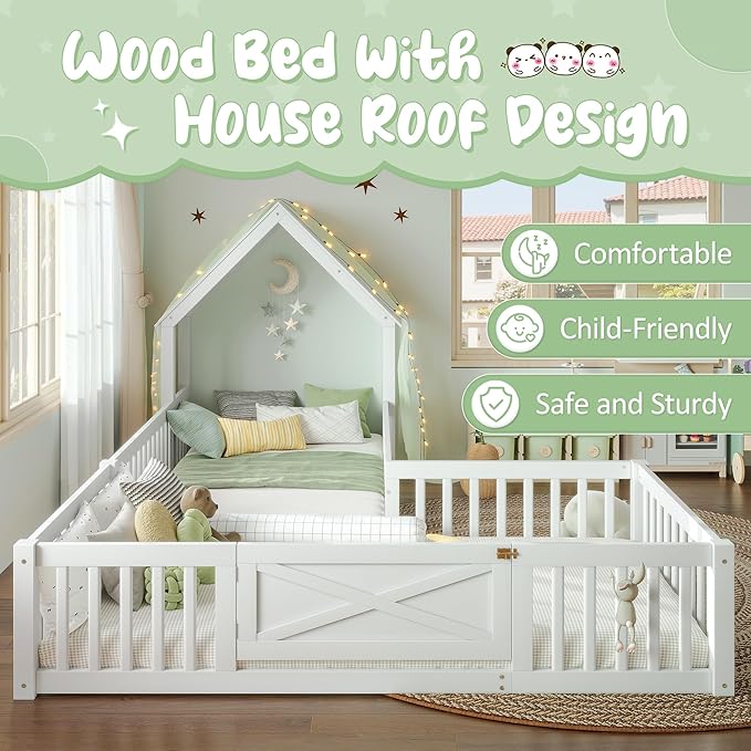 Harper & Bright Designs Twin Size House Shaped Double Floor Bed with Door and Full-Length Guardrails, Solid Wood Kids Montessori Floor Bed for Girls Boys, Multi-Function, White