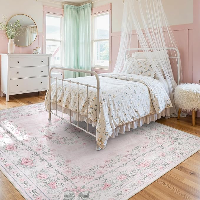 Wonnitar Floral Bow Print 8x10 Area Rugs, Washable Pink Rugs for Bedroom Girls, Boho Ultra-Thin Soft Non Slip Carpet for Nursery Living Room Kids Room Classroom Decor, Light Pink