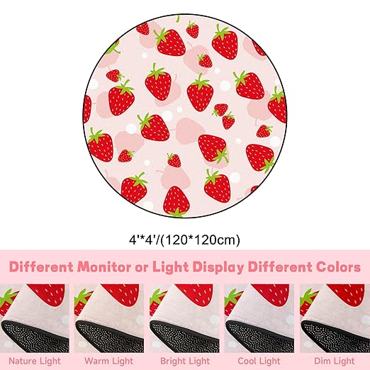 4Ft Strawberry Round Rug Kwaii Pink Circle Rugs for Bedroom Dorm Living Room Cute Area Rug Floor Mat Pad Doormat Carpet, 4'X4'(120x120cm)