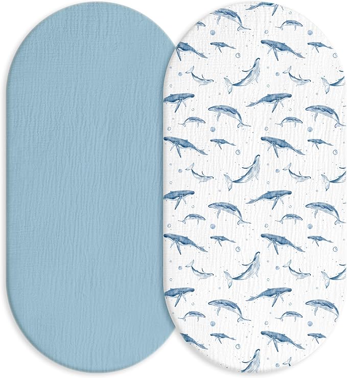 Muslin Bassinet Fitted Sheets, 2 Pack for Baby Boy and Girl, Soft Breathable Baby Pad/Mattress Sheet, Fit for Hourglass Oval and Rectangle Bassinet Mattress (Blue Whale)
