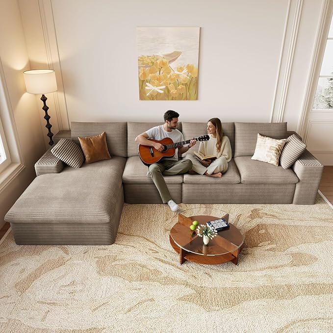 136 Inch Cloud Sectional Couch, Modern Modular Sectional Sofa with Deep Seat, Corduroy Boneless Couches with L-Shape Chaise for Living Room Bedroom, No Assembly Required (Camel, Left Facing Chaise)