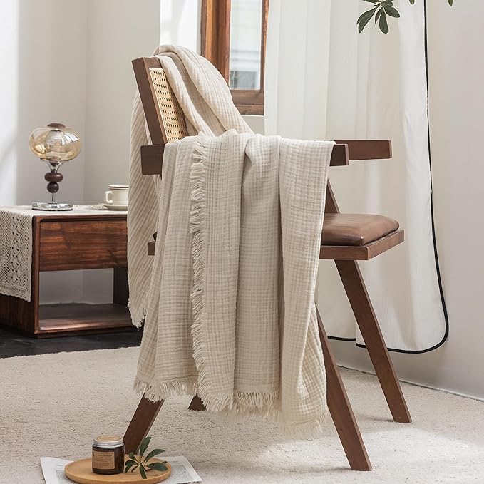 FOSSA Muslin Blanket with Fringe - 4-Layer 100% Cotton Gauze Super Soft & Breathable Throw -Lightweight Decorative Cooling Blanket for Bed, Sofa, Office (Beige, Queen (90" × 90"))
