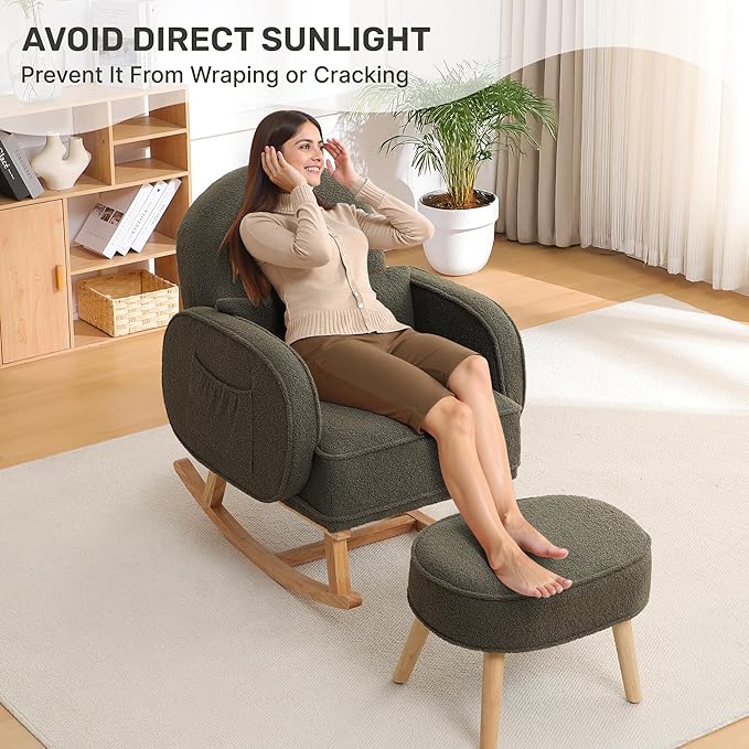 Rocking Chair with Ottoman, Nursery Glider Rocker with High Backrest and Side Pocket, Teddy Rocking Accent Armchair with Solid Wood Legs for Nursery, Living Room, Bedroom Green