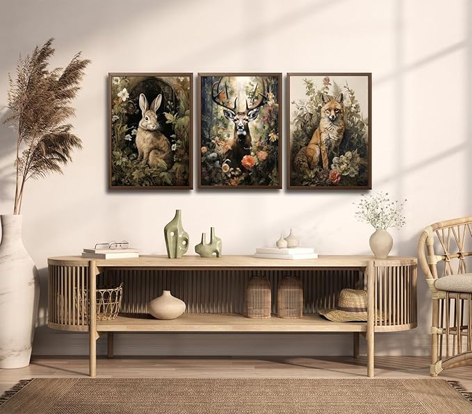 3pcs Vintage Forest Animal Canvas Wall Art Wild Animal Deer Rabbit Fox Paintings Pictures Dark Academia Wall Decor Gothic Botanical Posters Print Artwork for Living Room Office Decor 16x24in Unframed