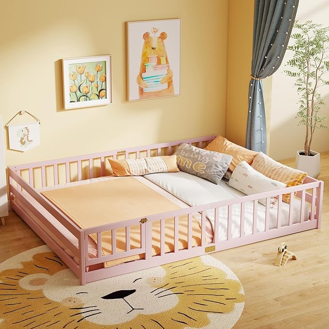 KOMFOTT Queen Size Wood Floor Bed with Door & Fence, Montessori Bed Frame with Full Length Safety Guardrails, Door & Latch, Wooden Montessori Floor Bed for Kids, Girls, Boys (Queen,Pink)