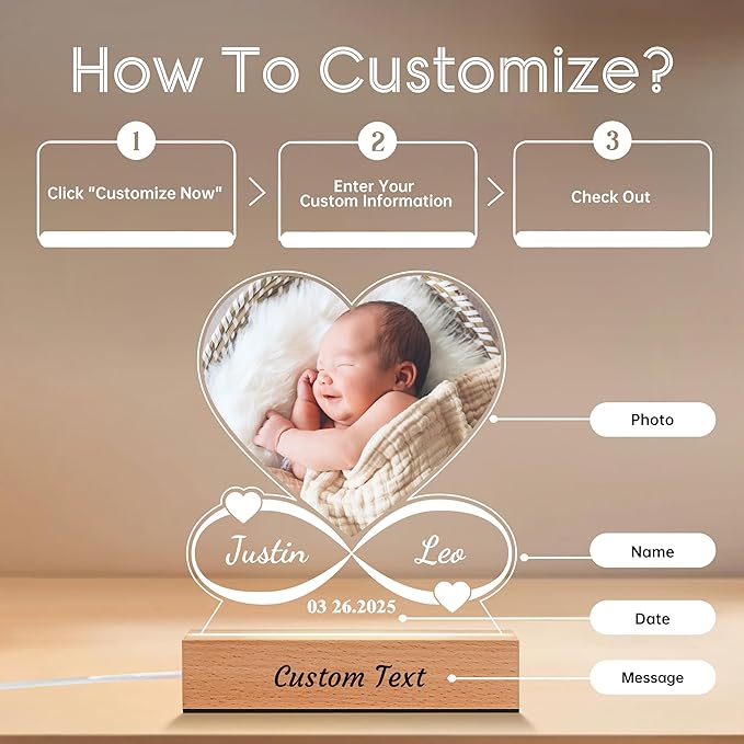 Personalized Baby Gifts for Kids, Custom Acrylic Plaque Picture Frame with Name Night Light for Boys Girls, Perfect Birthday Newbown Baby Shower Gifts, Children's Nursery Room Decor