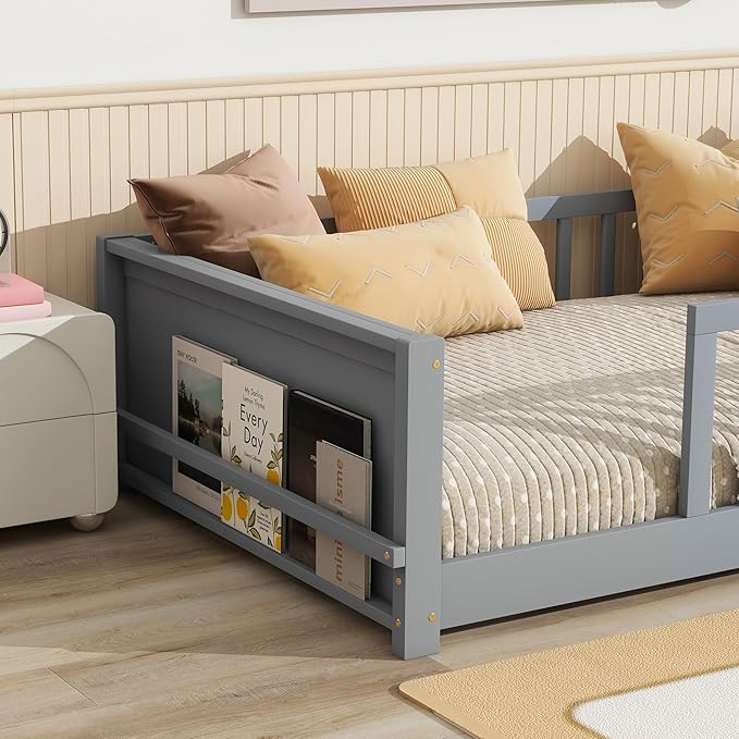 Floor Bed with Rails Twin Size, Wood Montessori Floor Bed with Storage Bookcase, Kids Bed Frame with Fence for Boys Girls, Gray