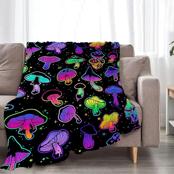 Colorful Mushroom Blanket for Girls, Women, Kids & Adults - Soft, Warm & Cozy Fleece Blanket for Couch, Sofa & Bed - 50"x40"