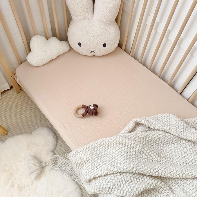 BuLuTu 100% Cotton Muslin Fitted Mini Crib Sheets 38"x26", 2 Pack, Mini Portable Fitted Crib Sheets for Boys Girls Mattress Sheet for Pack N Play, Beige & Green