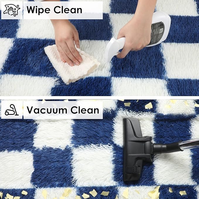 KICMOR Soft Fluffy Navy Blue and Cream White Area Rug for Bedroom, 3x5 Fuzzy Shag Shaggy Checkered Rugs Small Carpet for Living Room, Indoor Plush Checkerboard Rug for Kids Boys Home Décor Aesthetic