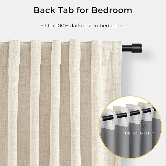 INOVADAY 100% Blackout Curtains for Bedroom, Black Out Curtains 105 Inch Long, Clip Rings Linen Blackout Drapes, Thermal Insulated Room Darkening for Living Room, 2 Panels - Cream,W50xL105