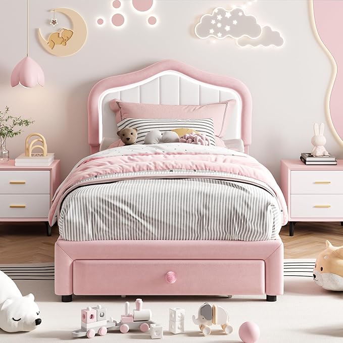 GarveeHome Upholstered Twin Bed Frame with Led Lights and Storage Drawer, Cute Velvet Led Bed Frame with Headboard for Kids, Girls, Boys, No Box Spring Needed, Wooden Slats, Noise Free, Pink