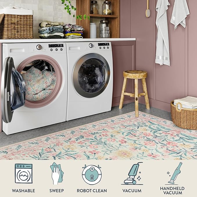 Lahome Large Rugs for Living Room, Boho Machine Washable 8x10 Area Rugs Girls Bedroom Decor, Ultra-Thin Soft Distressed Floral Carpets Non Slip for Office Dining Room, Pink/Multi