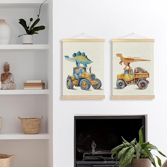 BCUANGD Dinosaur and Construction Truck Wall Decor - Dino Poster Hanger with Wood Frames Set of 2, Kids Car Vehicles Wall Hanging Canvas Decor for Kids Room Nursery Playroom, 12x16 Inches 482