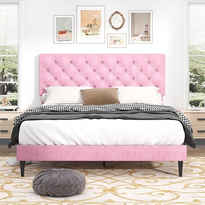 BarnFurin Queen Bed Frame, Upholstered Platform Bed with Button Tufted Headboard, Fabric Queen Size Beds with Wooden Slats Support, No Box Spring Required, Easy Assembly, Pink