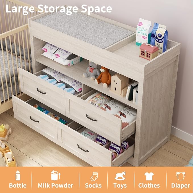 47.2" Beige Nursery Dresser with 4 Drawers and 1 Open Shelf Changing Table Dresser with Changing Table Top Diaper Changing Station with Storage for Nursery Children's Room